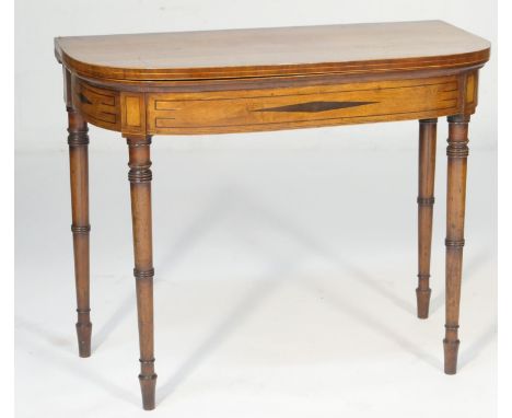 Late George III fiddle back mahogany folding card table, circa 1820, D-shaped top crossbanded with rosewood and with boxwood 