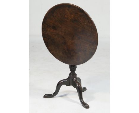 George III mahogany tripod table, single piece circular top tilting over a wrythen moulded column, the block stamped with ini