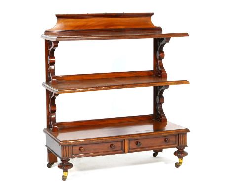 Victorian mahogany buffet, circa 1860, having three rectangular shelves supported on scroll carved brackets, the lower shelf 