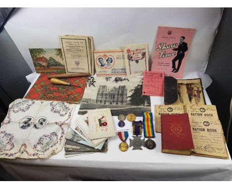 Medals - WWI pair named to 13517 Pte W J Hobbs Devon R; other commemorative medals; WWI silk postcards; Ration Books; commemo