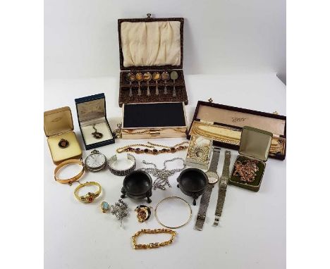 A collection of vintage costume jewellery, a pair of pewter salts and a modern Giorgio Armani evening bag