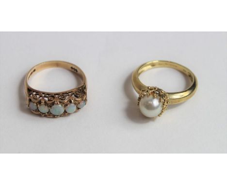 A 9ct gold five stone graduated opal ring, in the Victorian style; together with a single cultured pearl (the pearl untested 