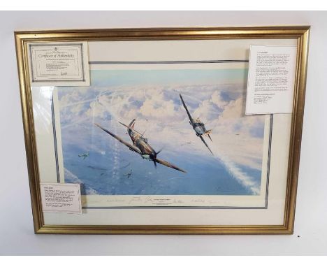 A coloured print after Robert Taylor "Combat over London" limited edition 1020/1500 and signed in pencil by various pilots 54
