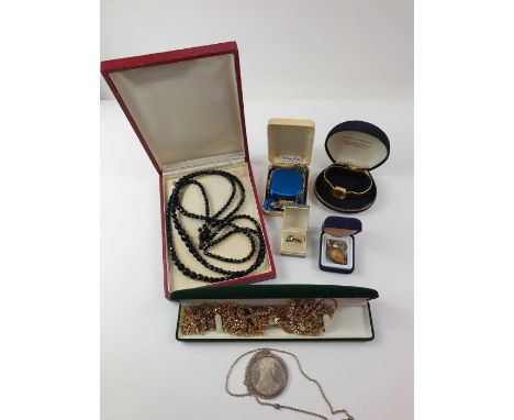 A ladies vintage goldplated Longines watch on a bracelet, in original box, a silver gate bracelet and various other items of 