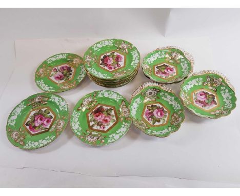 A quantity of 19th century Spode dessert ware painted with central panel of roses within light green, moulded and gilt painte