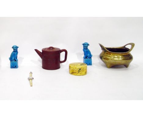 Pair of miniature ceramic temple lions, an Oriental terracotta teapot, a brass two-handled pot, lady's wristwatch&nbsp;and su