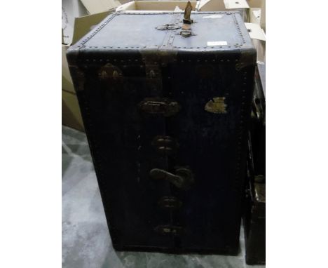 Large metal cabin trunk&nbsp;with hanging compartment and drawers, another metal travelling trunk&nbsp;and a lacquered canvas