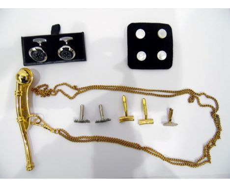 Gilt metal Bosun's whistle-pattern pendant on chain, set of four mother-of-pearl dress studs, pair gentleman's compass and wh