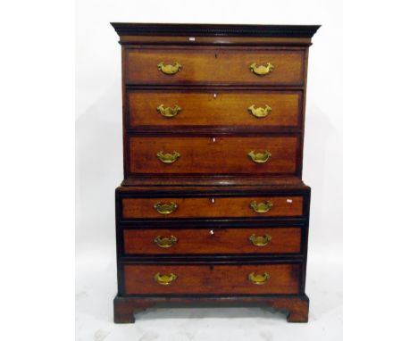 Early 19th century oak and mahogany banded tallboy chest&nbsp;having dentil moulded cornice, over three graduated long drawer