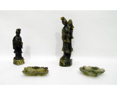 Carved jade figure of Quan Yin, on plinth base, 18cm high, pair carved jade brushwasher dishes, each in the form of stylised 