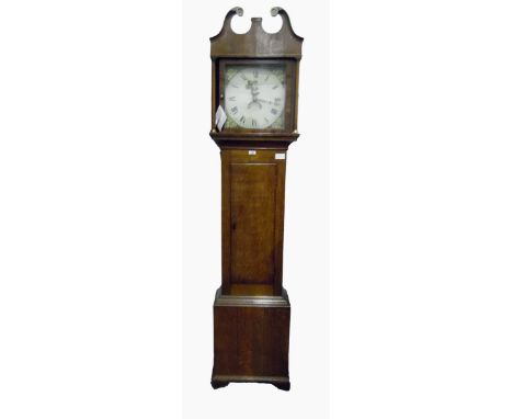 19th Century oak and mahogany longcase clock with swan-neck pediment, floral painted dial, calendar aperture, the hood with p