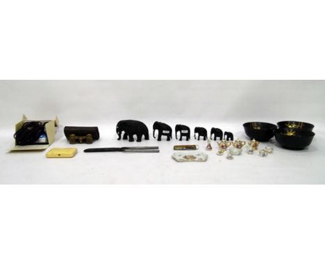 Miniature doll's house china tea service, a pair of opera glasses, six various models of elephants, three papier mache rice b