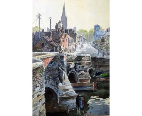 G M  Pair of watercolour drawings Town scenes, one of town bridge over river, the other an entrance to a building with steps 