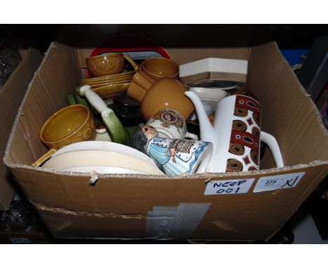 Assorted ceramics including Meakin studio coffee pot, ceramic money box, commemorativeware, etc (1 box)&nbsp;