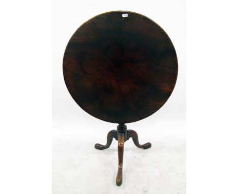 19th century circular mahogany tilt top table&nbsp;on turned tripod shaped supports, the one piece top 86cm diameter