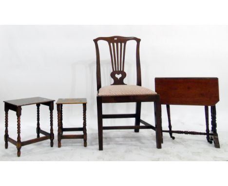 Edwardian Sutherland table on turned supports and stretcher, with brown ceramic castors, two small oak tables and a 19th cent