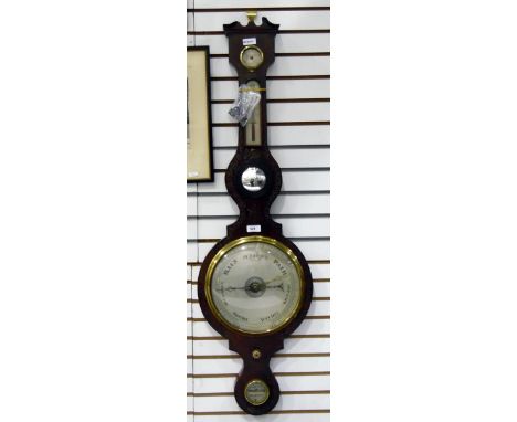 19th Century painted rosewood wheel Barometer with broken arch pediment, dry/damp dial, thermometer inscribed 'D Maffia', Mon