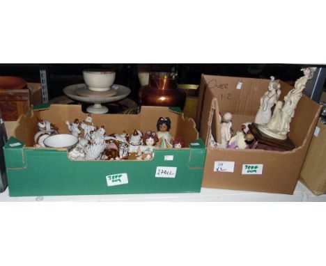 Large collection of white and gilt ceramic clowns, birds, frogs, etc set with Swarovski stones, models of ceramic girls&nbsp;