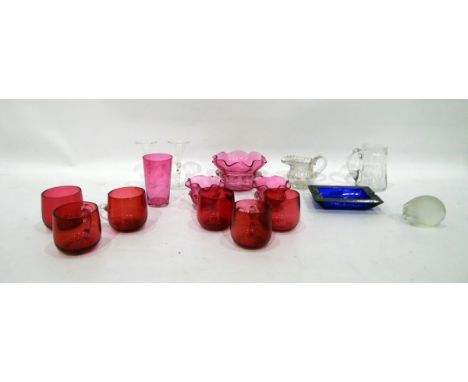 Six cranberry and clear punch cups, pair cranberry and clear frilled salts and similar sugar basin and other glass items (15)
