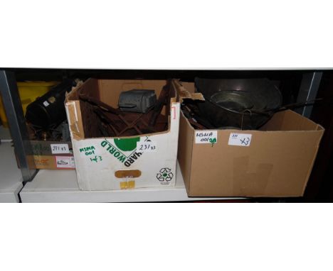 Quantity of copper pans, jam pans, bowls and various collectables&nbsp;(3 boxes)&nbsp;