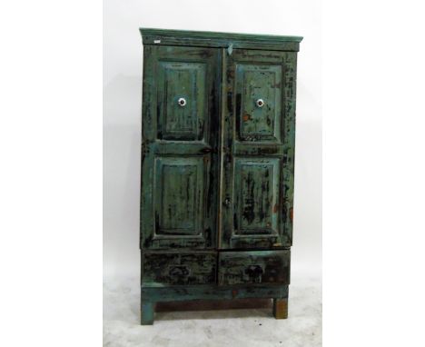 Dwarf Victorian painted pine two door cupboard, shelf interior enclosed by two field panel doors over two small drawers, the 