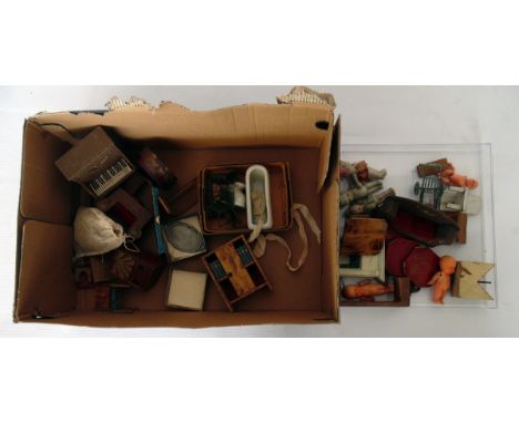Quantity of dolls house furniture and accessories, including cast iron fire surround,tin plate chairs, ceramic bath and dolls