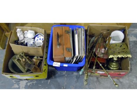 Various brass fire irons, a brass trivet/candle holder, a copper kettle, an enamel jug, a quantity of long playing records, t