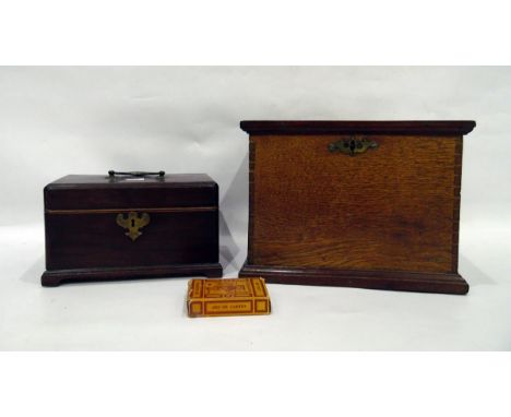 Stained wood tea caddy (af), pack of cards and an oak box with brass escutcheon (no key)