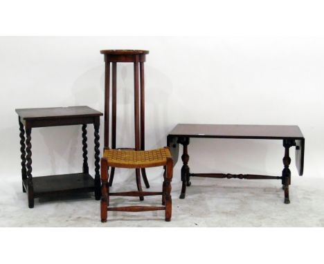 Oak two tier occasional table with spiral turned supports, 48cm wide, a reproduction sofa tool, a string-topped stool&nbsp;an