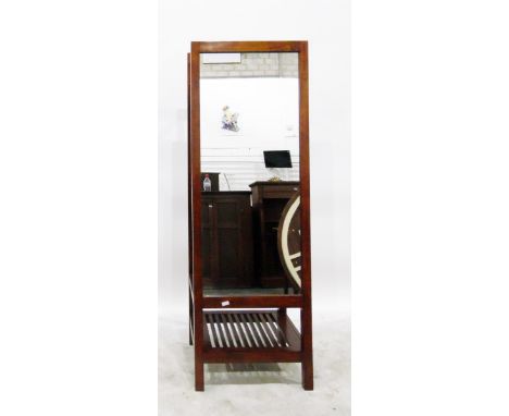 Modern stained mahogany type cheval mirror, rectangular with slatted shelf below and hanging rail to reverse&nbsp;