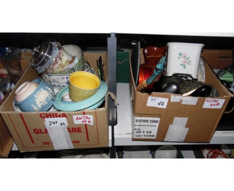 Various collectables, vases, Royal Doulton vintage biscuit barrel&nbsp;with hinged metal lid, etc (2 boxes)&nbsp;