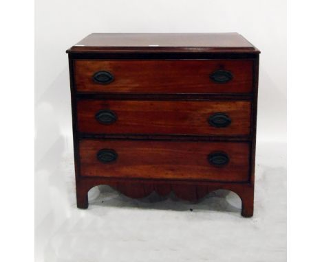 Early 19th century straight front chest of 3 drawers with oval brass plates and drop handles, shaped apron and bracket type f