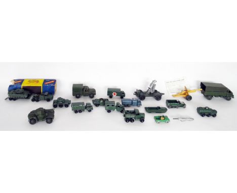 Quantity of diecast military vehicles&nbsp;to include Dinky Army One Tonne army truck (boxed), Matchbox series Lesley Thorney