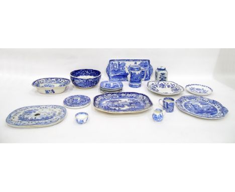 Quantity of 19th century blue and white pottery to include Copeland Spode 'Italian' pattern sandwich set, teapot stand, etc, 