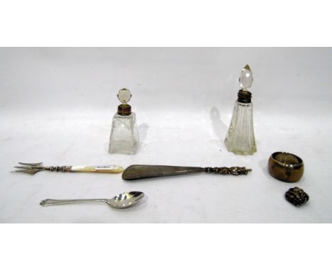 Two cut glass scent bottles&nbsp;with silver collars, Victorian silver and mother-of-pearl handled serving fork, silver teasp