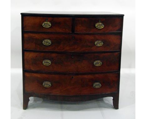 Early 19th century mahogany cross-banded bowfront chest&nbsp;of two short and three long graduated drawers, each with brass o