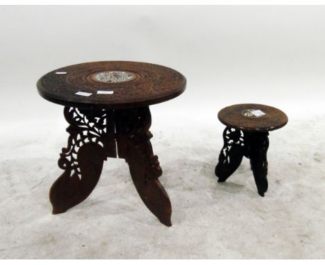 Two Anglo-Indian hardwood tables/stools with bone inlay, pierced and carved tripod supports&nbsp;