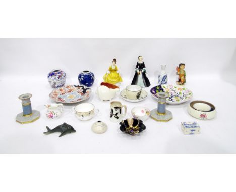 Royal Doulton china figure 'Janice' HN2165, another 'Coralie' HN2387, pair Royal Copenhagen stoneware candlesticks in blue, g