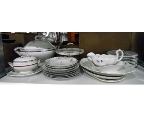 Large lidded tureen&nbsp;with ladle and another smaller, white ground with dark red decorations, Limoges plates and cake stan