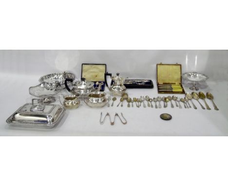 Silver plate teapot, hot water jug, sugar basin,&nbsp;entree dish and cover, pedestal dish,&nbsp;circular fruit basket,&nbsp;
