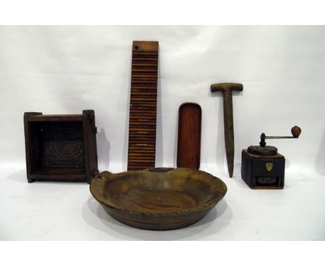 Old Pegasus coffee grinder with turned wood bowl, an old wooden dibber&nbsp;and sundry treen (6)&nbsp;