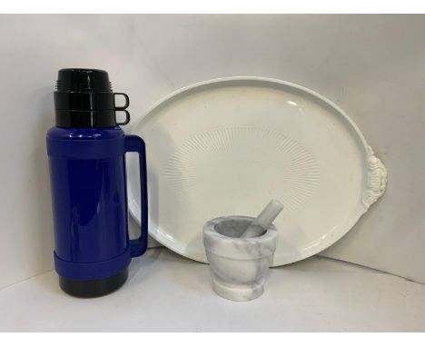 Large White Meat Plate/Serving Dish, New Thermos Flask and Pestle and Mortar 