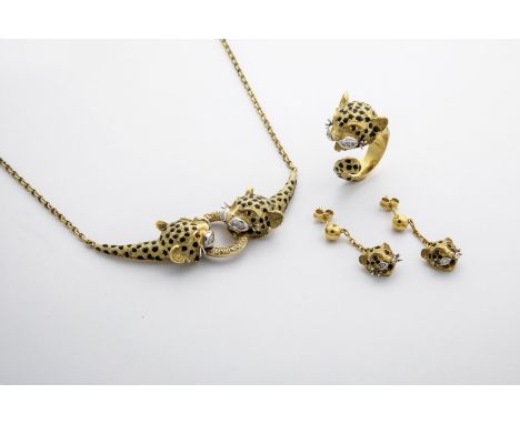 Schmuckset Dreiteiliges Schmuckset aus 750-er Gelbgold bestehend aus Collier, Ring und Ohrhänger in stilisierter Leoparden-Op