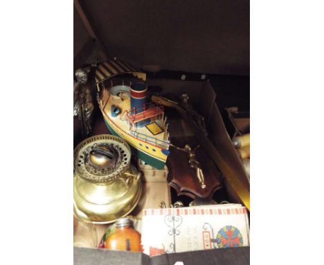 Miscellaneous items to include a large brass crucifix, a James Dixon hip flask, tapestry wall hangings, a collection of brewe