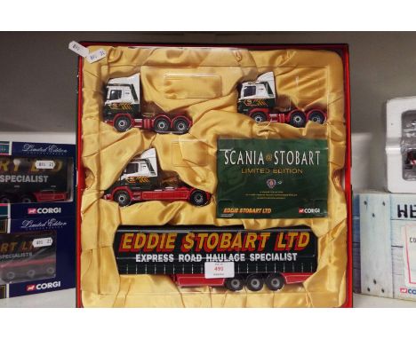 A 1:50 scale Corgi limited edition collectable Eddie Stobart set of three lorries; Scania T-cab, Scania top line and Scania L