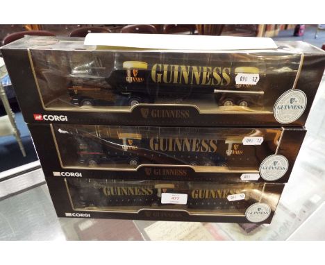 Three Corgi diecast Guinness lorries; Volvo tanker 59539, ERF curtain side 59529 and Scania 4 wheel rigid lorry and close cou