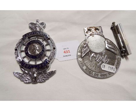 A Royal Automobile Club chrome and enamel centenary car badge together with a chrome St Christopher car badge