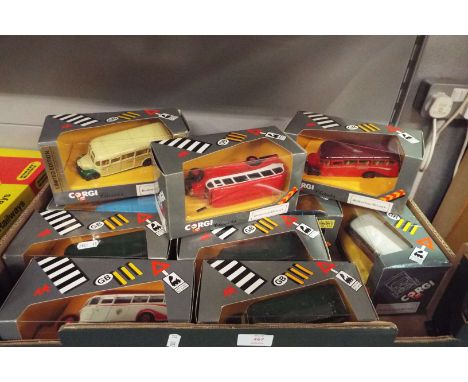 A collection of twelve Corgi Bedford OB type diecast coaches to include Eastern National, South Midland, Isle of Man, Devon G