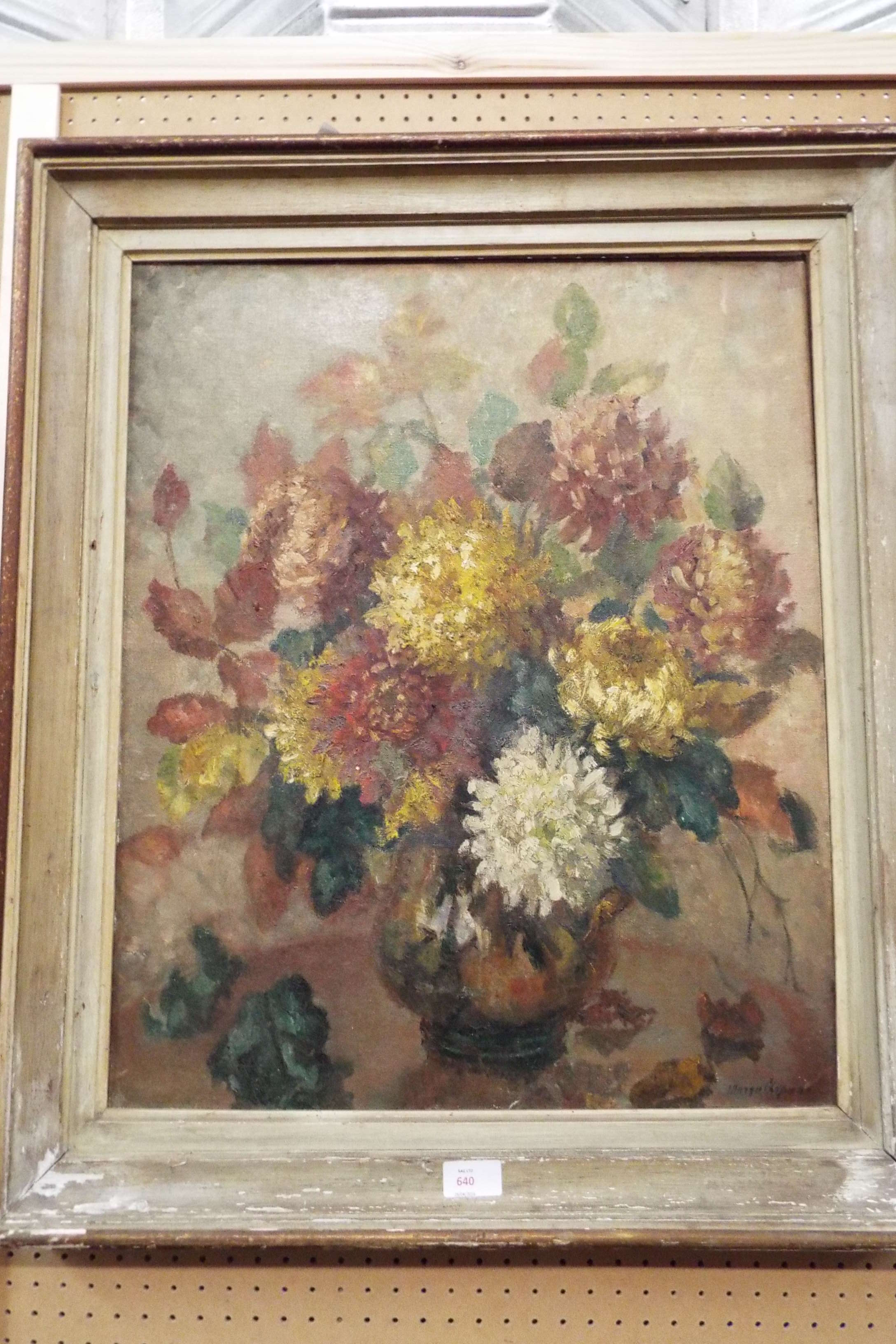 MARGOT CHAPMAN oil on canvas still life of chrysanthemums, signed to