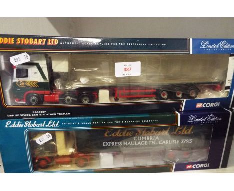 A pair of Corgi limited edition collectable Eddie Stobart lorries; DAF XF space cab and flatbed trailer CC13207 'Jenni Rebecc